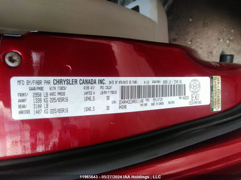 2010 Dodge Grand Caravan Se VIN: 2D4RN4DE3AR311146 Lot: 11965643