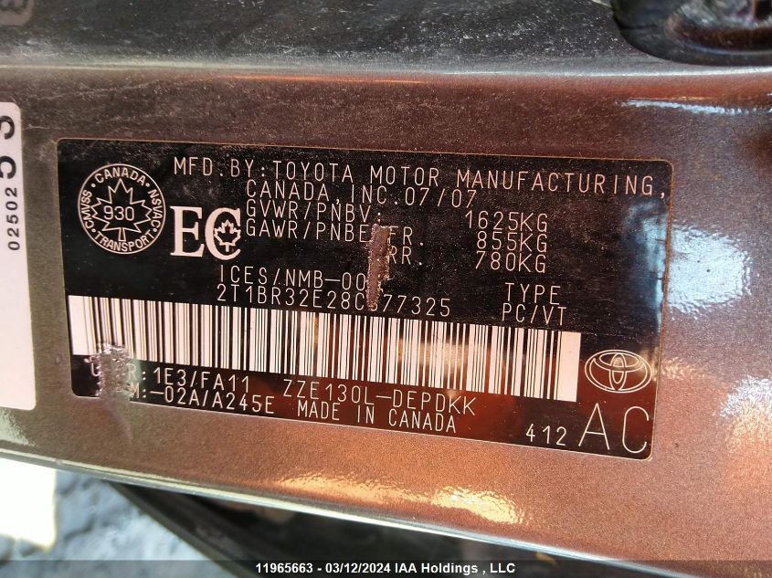 2008 Toyota Corolla Ce VIN: 2T1BR32E28C877325 Lot: 11965663