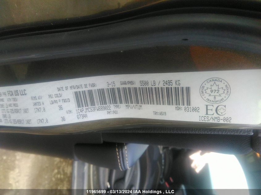 2015 Jeep Cherokee Latitude VIN: 1C4PJMCS3FW689022 Lot: 11965699