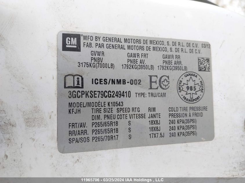 2012 Chevrolet Silverado 1500 VIN: 3GCPKSE79CG249410 Lot: 11965706