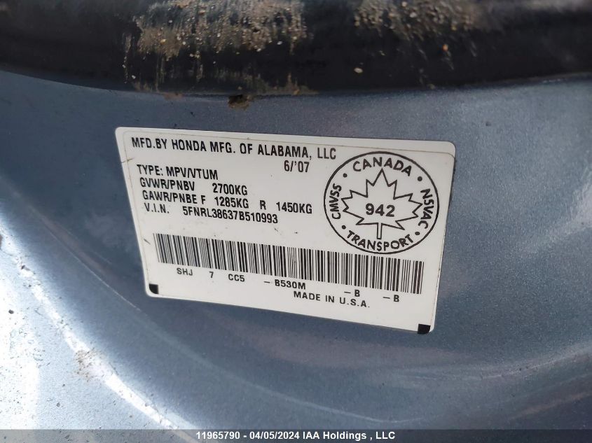 2007 Honda Odyssey Ex-L VIN: 5FNRL38637B510993 Lot: 11965790