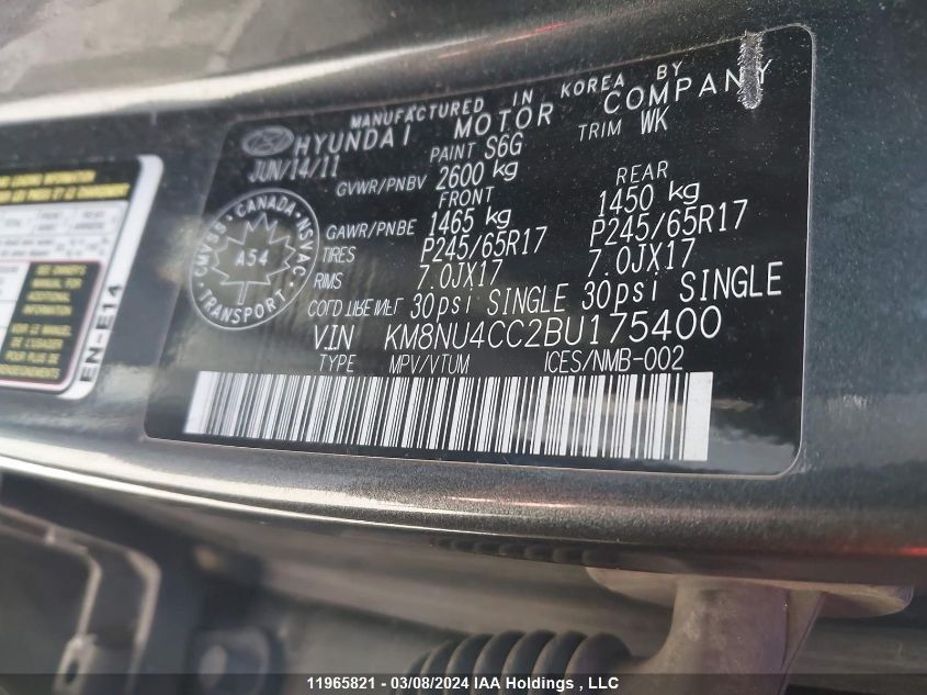 2011 Hyundai Veracruz Gls/Limited VIN: KM8NU4CC2BU175400 Lot: 39240670