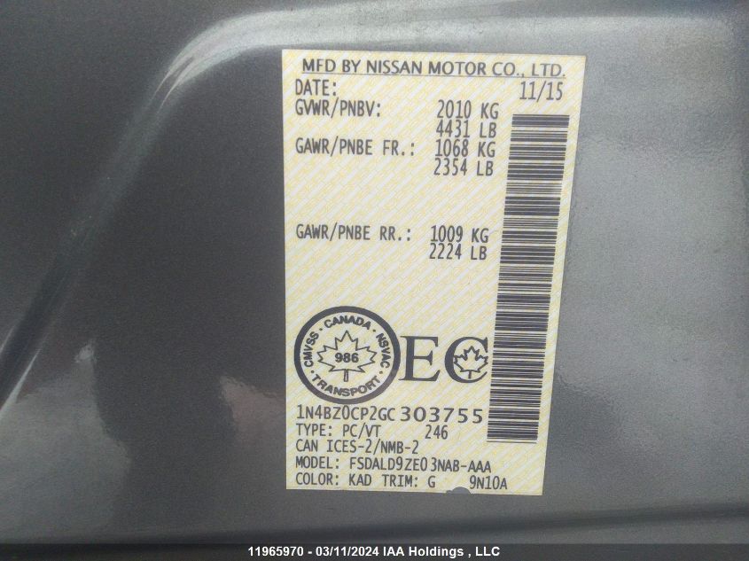 2016 Nissan Leaf VIN: 1N4BZ0CP2GC303755 Lot: 11965970