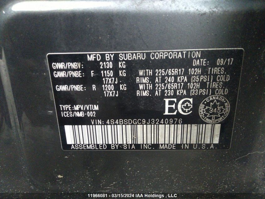 2018 Subaru Outback VIN: 4S4BSDGC9J3240976 Lot: 11966081
