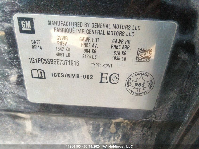 2014 Chevrolet Cruze Lt VIN: 1G1PC5SB6E7371916 Lot: 11966105