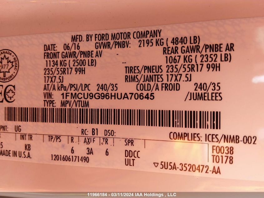 2017 Ford Escape Se VIN: 1FMCU9G96HUA70645 Lot: 39236291