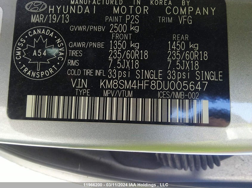 2013 Hyundai Santa Fe Gls/Limited VIN: KM8SM4HF8DU005647 Lot: 11966200