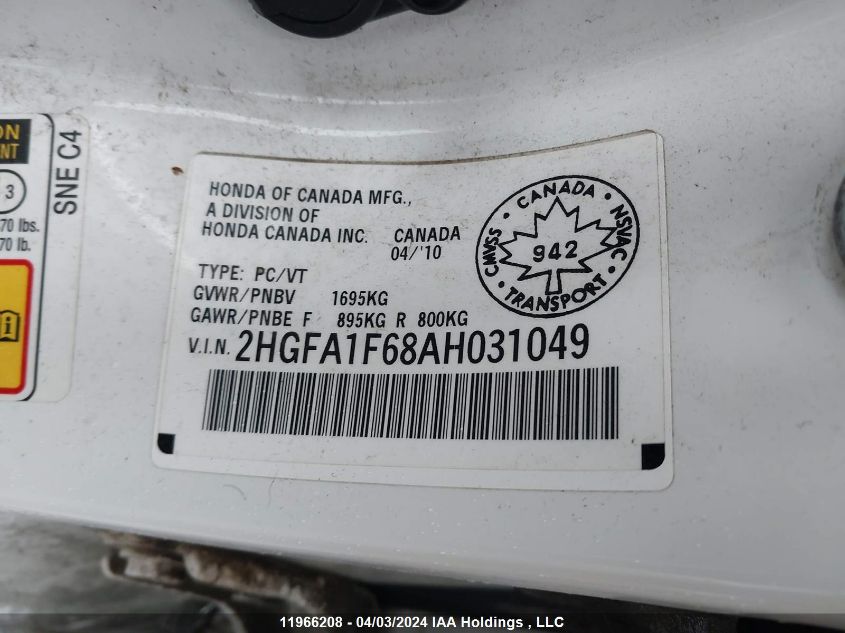 2010 Honda Civic Sdn VIN: 2HGFA1F68AH031049 Lot: 39236630