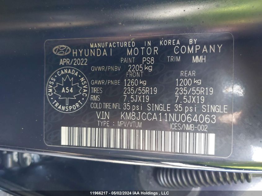 2022 Hyundai Tucson Luxury Hybrid Awd VIN: KM8JCCA11NU064063 Lot: 11966217