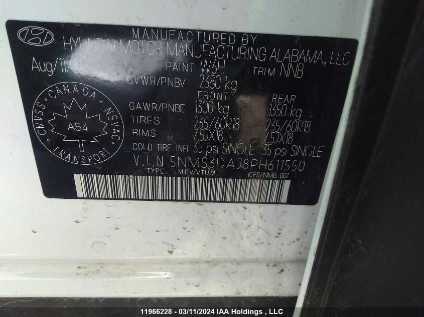 2023 Hyundai Santa Fe Sel Premium VIN: 5NMS3DAJ8PH611550 Lot: 39221626