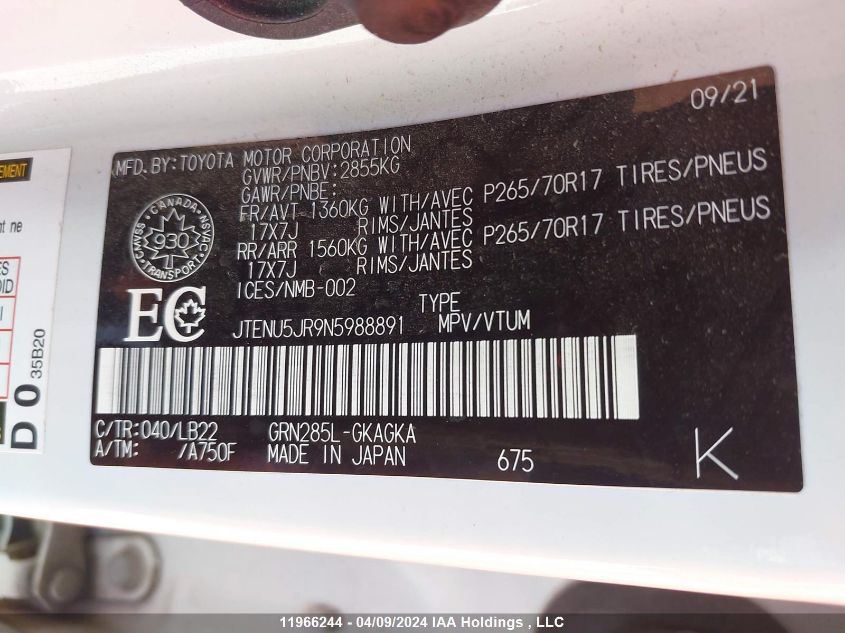 2022 Toyota 4Runner Sr5/Sr5 Premium/Trail/Limited/Trd Sport/Trd Off Road/Trd Off Road Prem/Trd Pro VIN: JTENU5JR9N5988891 Lot: 11966244