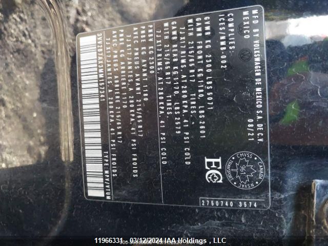 2021 Volkswagen Tiguan VIN: 3VV2B7AX3MM157341 Lot: 11966331