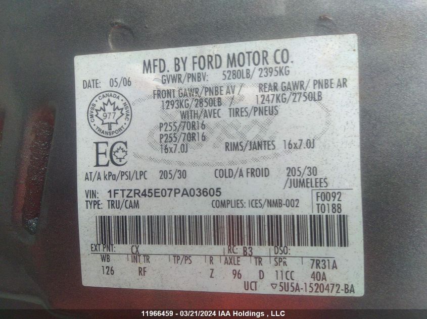 2007 Ford Ranger VIN: 1FTZR45E07PA03605 Lot: 11966459