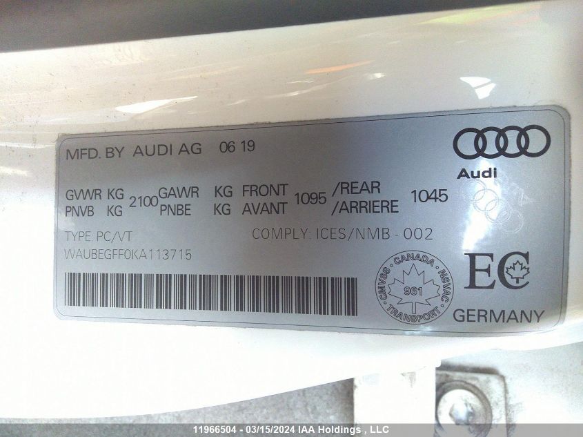 2019 Audi A3 VIN: WAUBEGFF0KA113715 Lot: 11966504