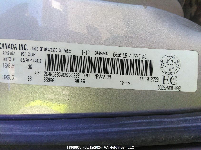 2012 Dodge Grand Caravan VIN: 2C4RDGBG0CR235930 Lot: 11966663