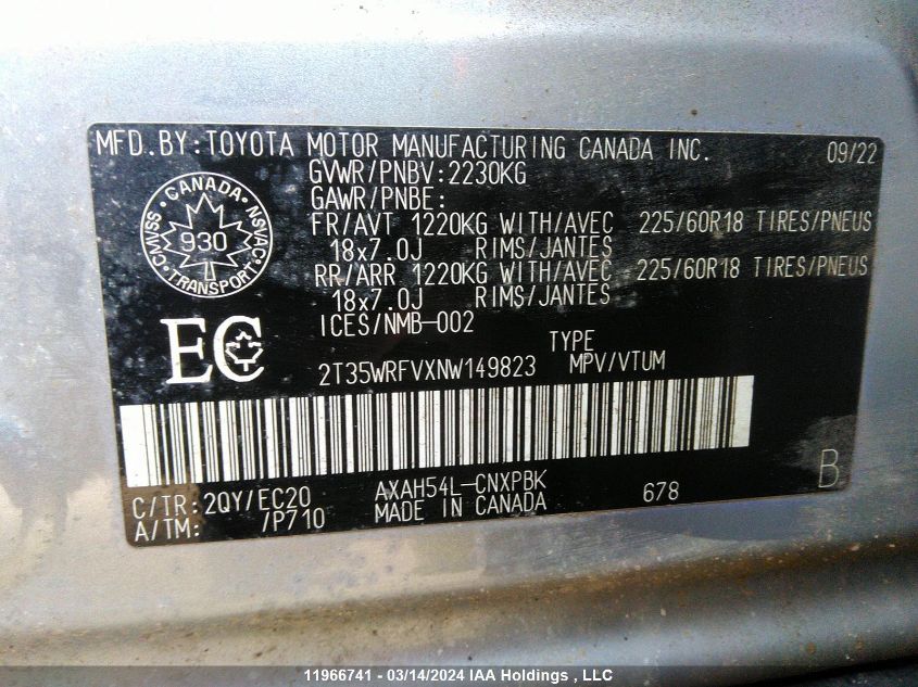 2022 Toyota Rav4 Xse VIN: 2T35WRFVXNW149823 Lot: 11966741