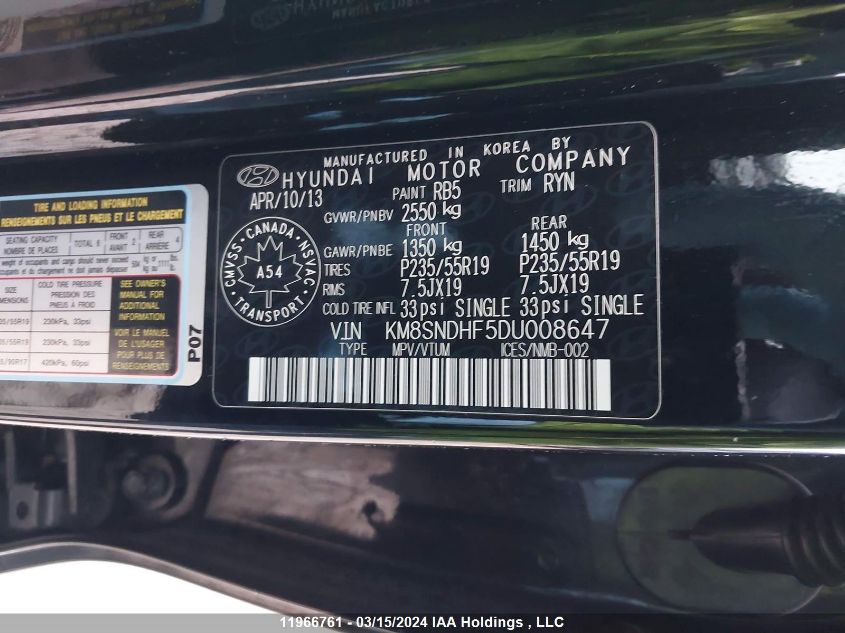 2013 Hyundai Santa Fe Xl Limited VIN: KM8SNDHF5DU008647 Lot: 39219399