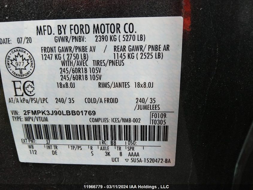 2020 Ford Edge Sel VIN: 2FMPK3J90LBB01769 Lot: 11966779