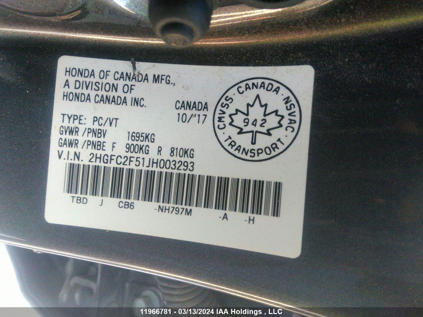 2018 Honda Civic Sedan VIN: 2HGFC2F51JH003293 Lot: 11966781