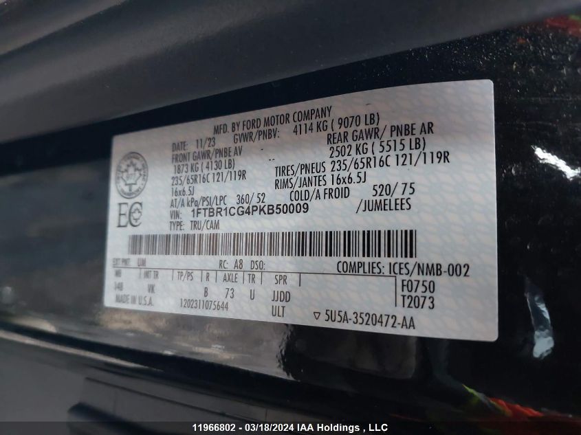 2023 Ford Transit T-250 VIN: 1FTBR1CG4PKB50009 Lot: 11966802