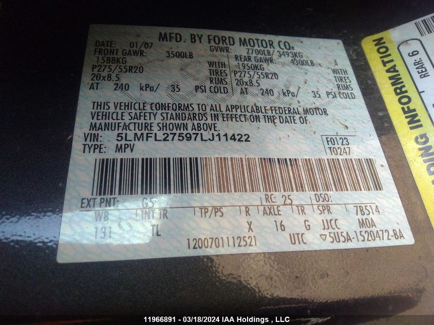 2007 Lincoln Navigator L VIN: 5LMFL27597LJ11422 Lot: 11966891