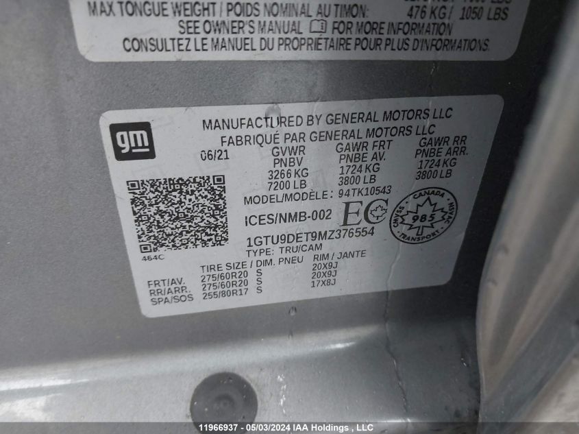 2021 GMC Sierra 1500 VIN: 1GTU9DET9MZ376554 Lot: 11966937