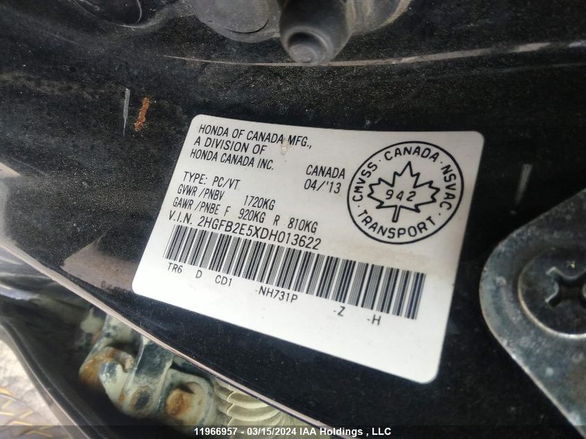 2013 Honda Civic Sdn VIN: 2HGFB2E5XDH013622 Lot: 11966957