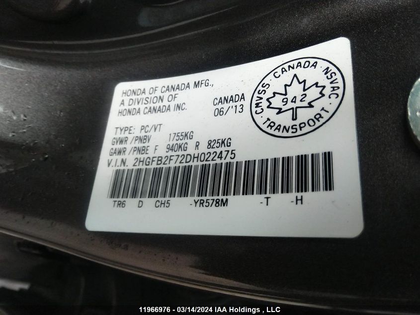 2013 Honda Civic Sdn VIN: 2HGFB2F72DH022475 Lot: 11966976