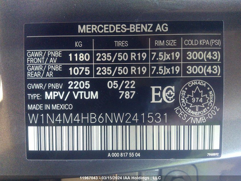 2022 Mercedes-Benz Glb VIN: W1N4M4HB6NW241531 Lot: 11967043