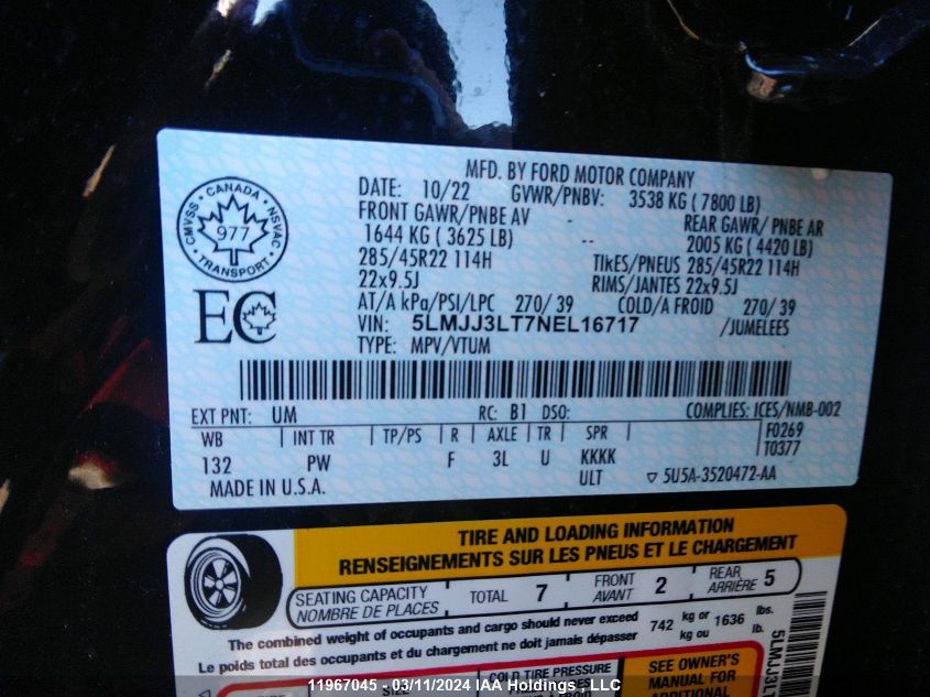 2022 Lincoln Navigator VIN: 5LMJJ3LT7NEL16717 Lot: 11967045