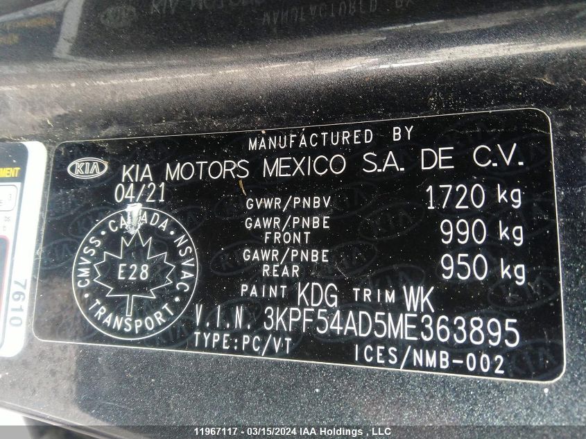 2021 Kia Forte VIN: 3KPF54AD5ME363895 Lot: 11967117