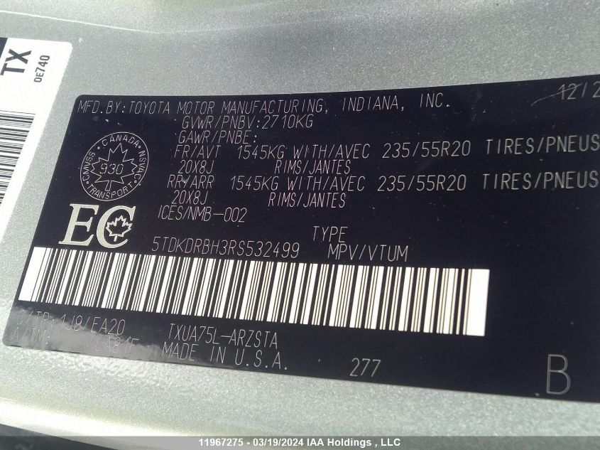 2024 Toyota Highlander Limited/Xle/Xse VIN: 5TDKDRBH3RS532499 Lot: 11967275