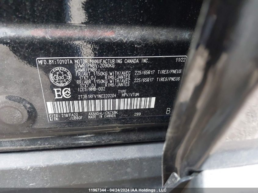 2022 Toyota Rav4 Le VIN: 2T3B1RFV1NC320204 Lot: 11967344