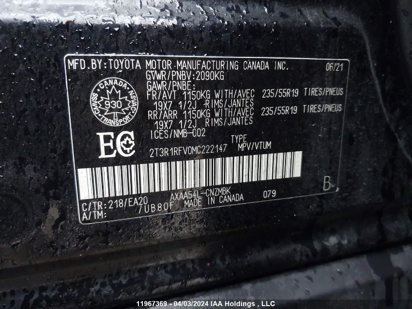 2021 Toyota Rav4 VIN: 2T3R1RFV0MC222147 Lot: 39241345