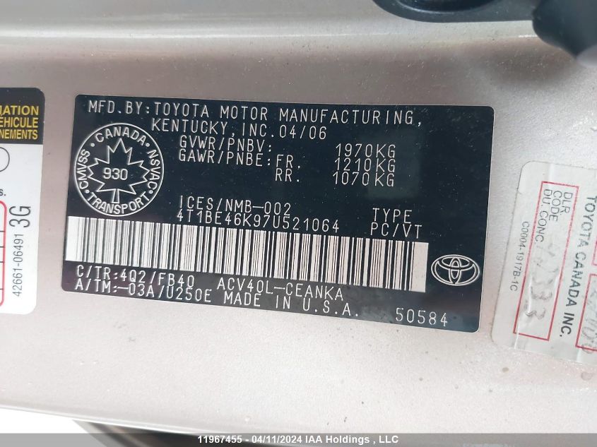 2007 Toyota Camry Ce/Le/Xle/Se VIN: 4T1BE46K97U521064 Lot: 39240861