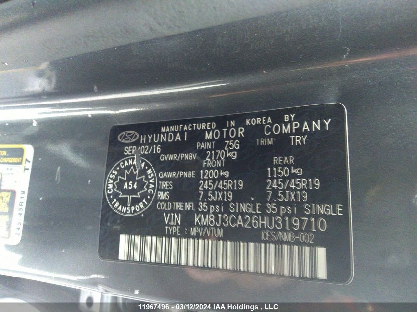 2017 Hyundai Tucson Limited/Sport And Eco/Se VIN: KM8J3CA26HU319710 Lot: 11967496