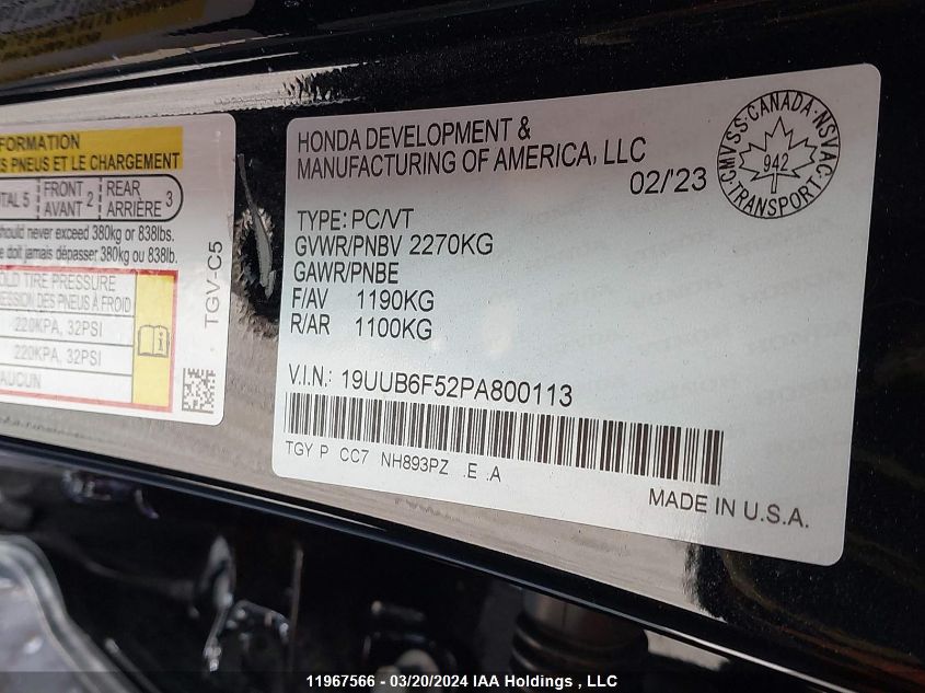 2023 Acura Tlx VIN: 19UUB6F52PA800113 Lot: 11967566