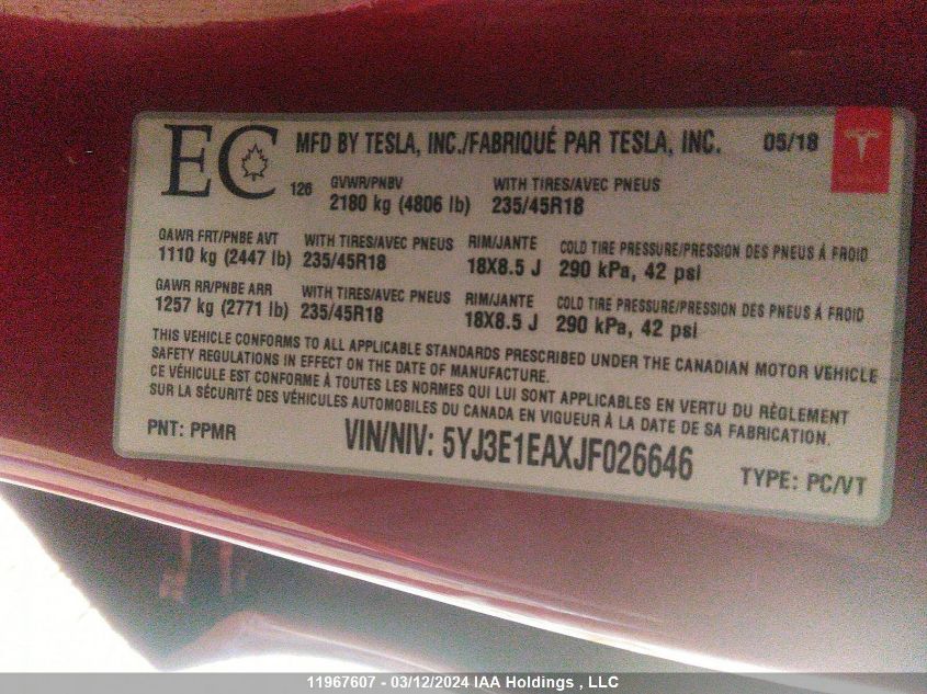 2018 Tesla Model 3 VIN: 5YJ3E1EAXJF026646 Lot: 11967607