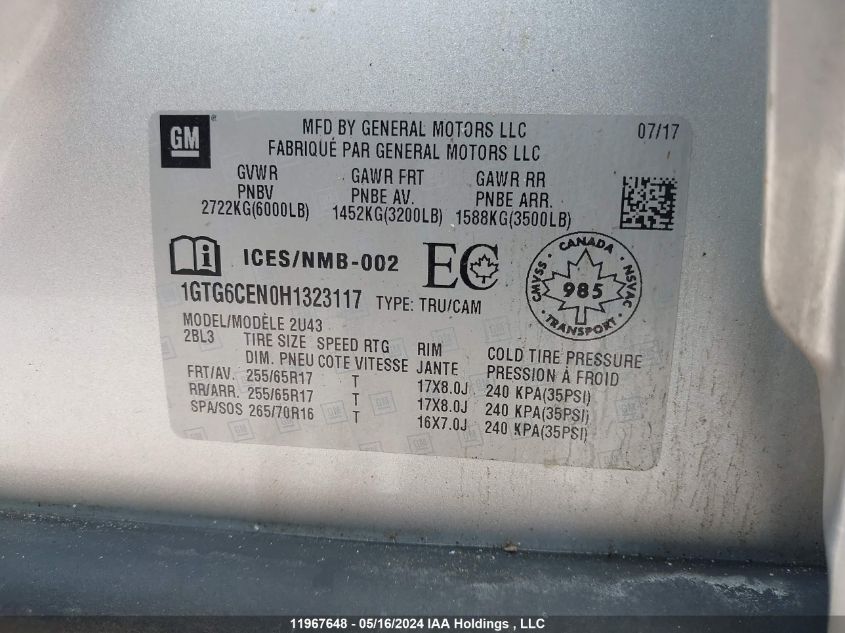 2017 GMC Canyon VIN: 1GTG6CEN0H1323117 Lot: 11967648