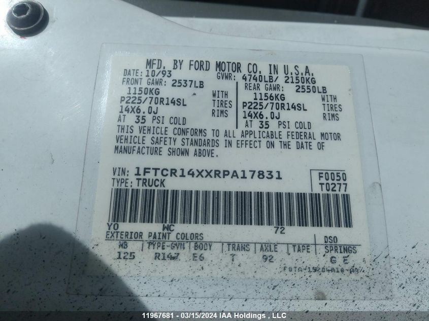 1994 Ford Ranger Super Cab VIN: 1FTCR14XXRPA17831 Lot: 11967681