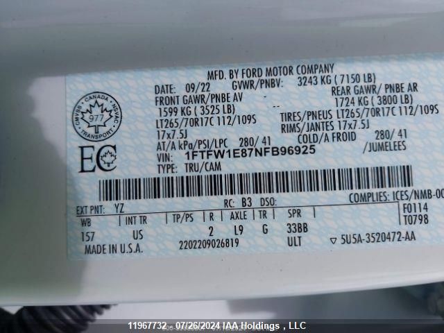 2022 Ford F-150 Xlt VIN: 1FTFW1E87NFB96925 Lot: 11967732