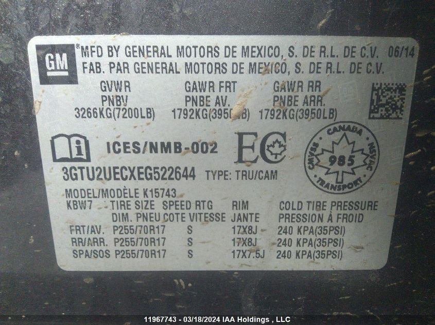 2014 GMC Sierra 1500 VIN: 3GTU2UECXEG522644 Lot: 11967743