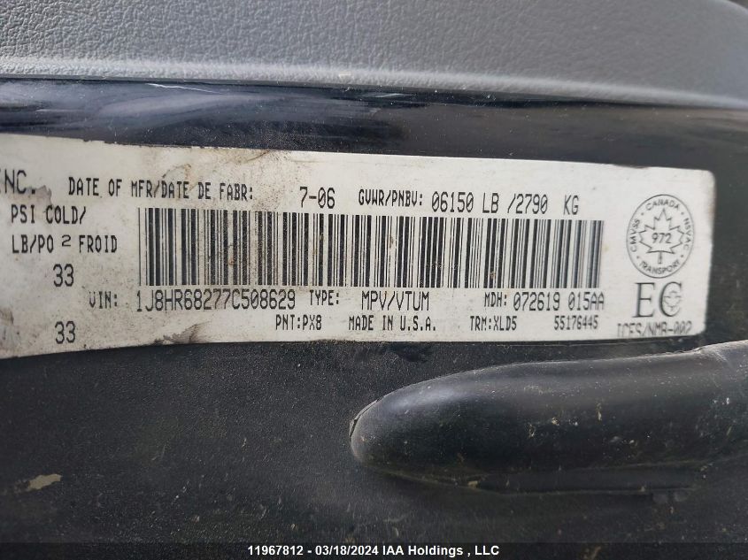 2007 Jeep Grand Cherokee Overland VIN: 1J8HR68277C508629 Lot: 11967812