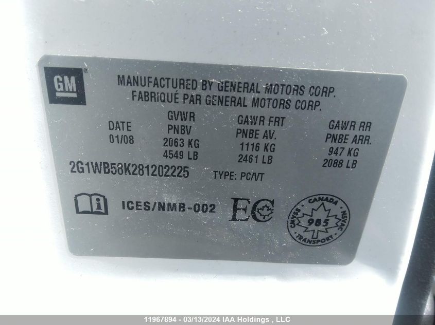 2008 Chevrolet Impala VIN: 2G1WB58K281202225 Lot: 39240925