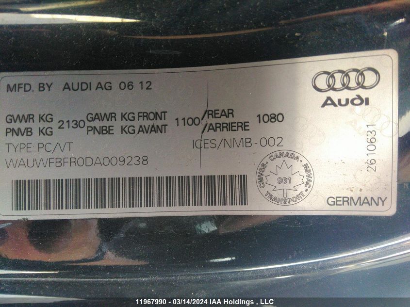 2013 Audi A5 VIN: WAUWFBFR0DA009238 Lot: 11967990