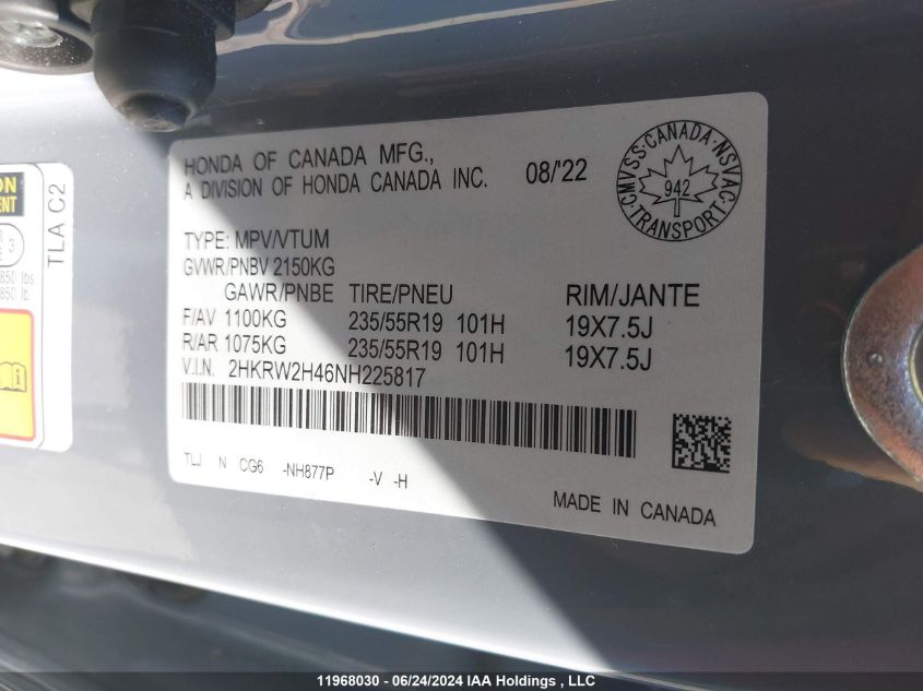 2022 Honda Cr-V VIN: 2HKRW2H46NH225817 Lot: 11968030