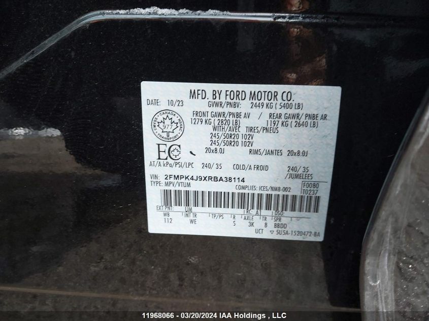 2024 Ford Edge VIN: 2FMPK4J9XRBA38114 Lot: 39236475