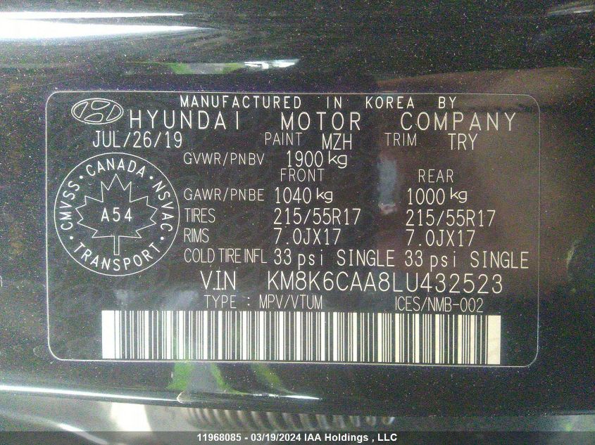 2020 Hyundai Kona VIN: KM8K6CAA8LU432523 Lot: 11968085