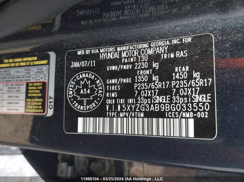 2011 Hyundai Santa Fe VIN: 5XYZG3AB9BG033550 Lot: 39241072