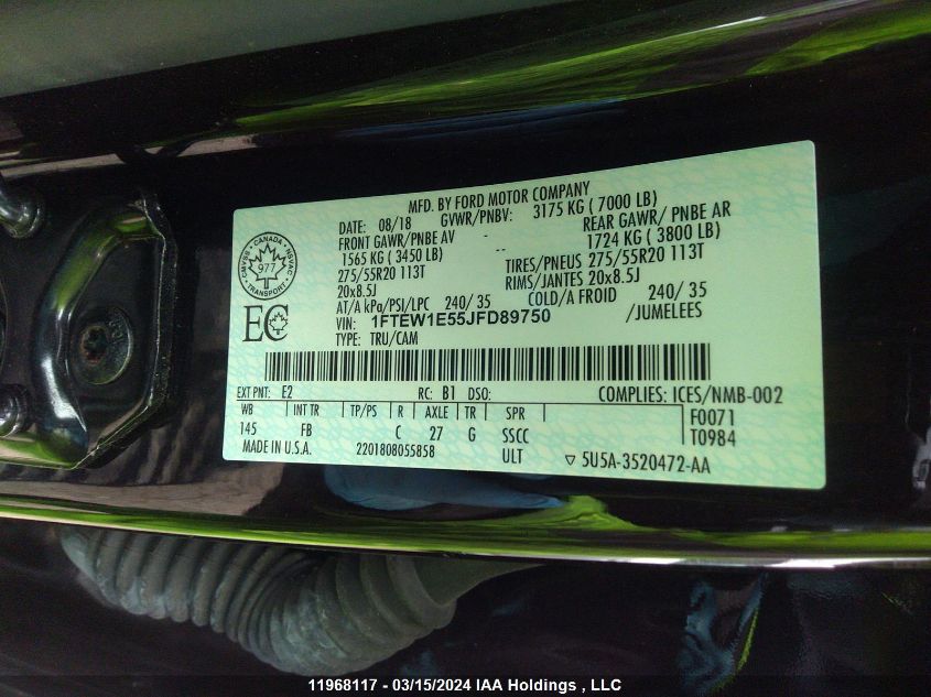 2018 Ford F-150 Xlt VIN: 1FTEW1E55JFD89750 Lot: 11968117